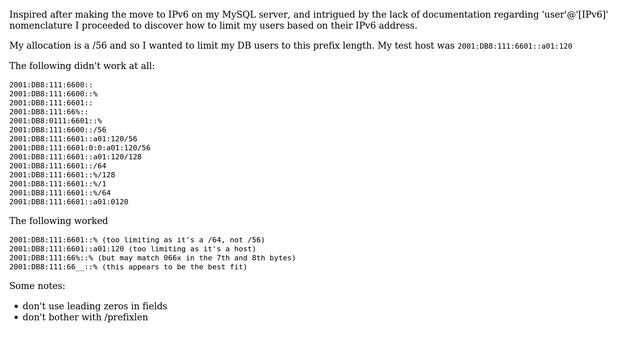 Databases: Specifying MySQL user hosts with IPv6 addresses смотреть онлайн
