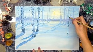 Как нарисовать зимний пейзаж.Гуашь.