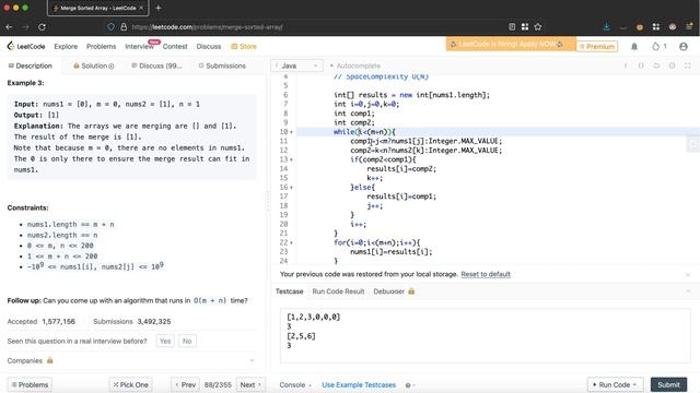 Merge Sorted Arrays problem on Leetcode. Java solution with O(N) time complexity. смотреть онлайн
