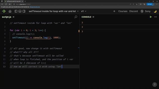 setTimeout() inside for loop with var and let in JavaScript смотреть онлайн