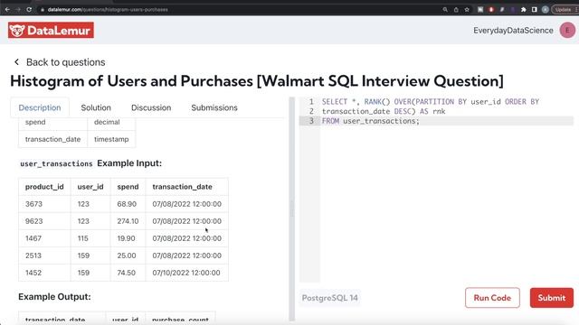 WALMART Interview Question Solved - SQL | "Histogram of Users and Purchases" | Everyday Data Scienc смотреть онлайн