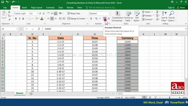 MS Excel 2016 Tutorial in Hindi - Formatting Numbers, Dates & Time (Video 12) смотреть онлайн
