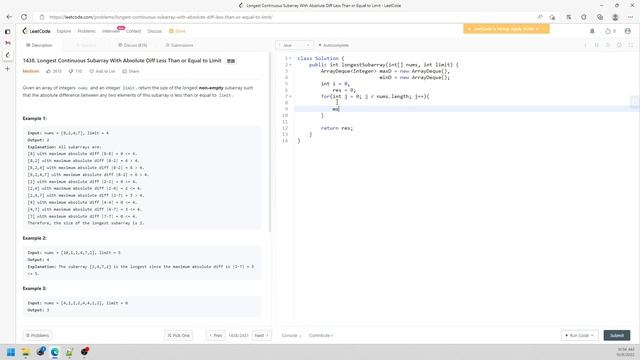 LeetCode 1438 | Longest Continuous Subarray With Absolute Diff ≤ Limit | ArrayDeque | Debug | Java смотреть онлайн