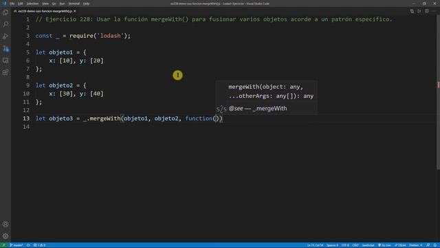 Lodash Ejercicio: 228 Usar la Función mergeWith() para Fusionar Varios Objetos Acorde a un Patrón смотреть онлайн