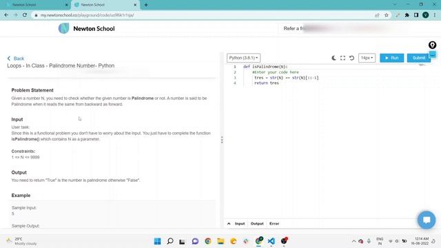 Palindrome number in python| Loops Assignment | Newton School Assignment Answer | Palindrome смотреть онлайн