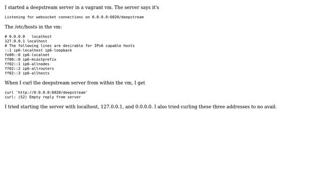 Unix & Linux: Curl localhost from within vagrant VM results in 'Empty reply from server' смотреть онлайн