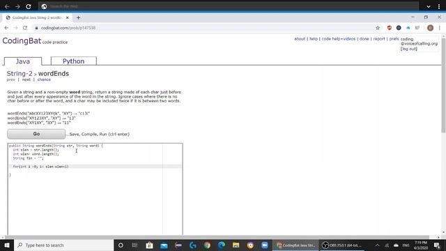 String 2 (wordEnds) Java Tutorial || Codingbat.com смотреть онлайн