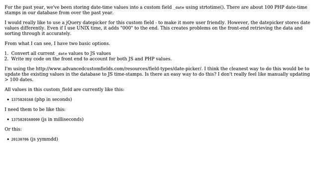 Wordpress: How do I convert all custom_field php timestamps in the database to js timestamps? смотреть онлайн