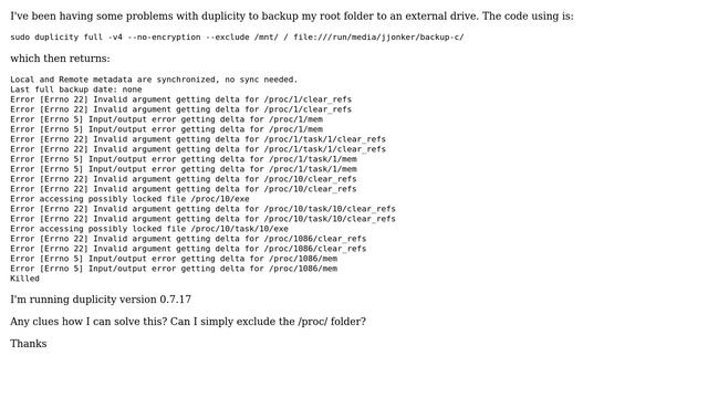 Unix & Linux: Duplicity Error 5 & 22 in /proc/ смотреть онлайн