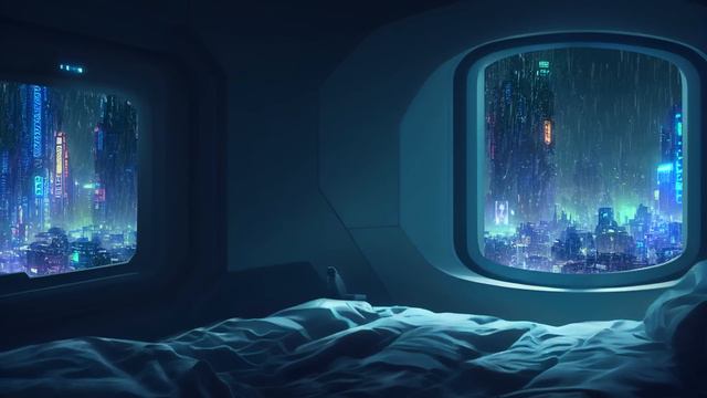 Rainy Night In Cozy Cyberpunk Bedroom | Rain on Window Sounds смотреть онлайн