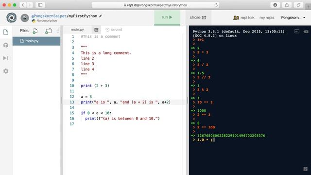 ตัวอย่างการใช้ repl.it โดยพิมพ์ภาษา Python смотреть онлайн