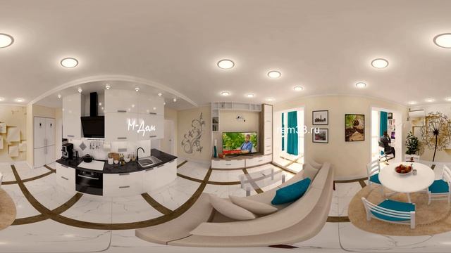 ?Панорама 360º. Кухня-гостиная. Комбинация напольной плитки под дерево и керамогранита под мрамор. смотреть онлайн