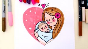Рисуем маму и малыша в сердце