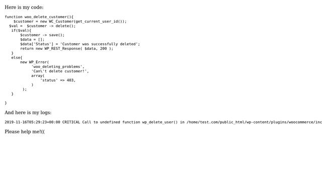 Wordpress: WC_Customer delete function returns error смотреть онлайн