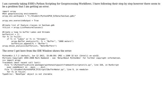 TypeError: 'NoneType' object is not iterable from Python Scripting for Geoprocessing Workflow... смотреть онлайн