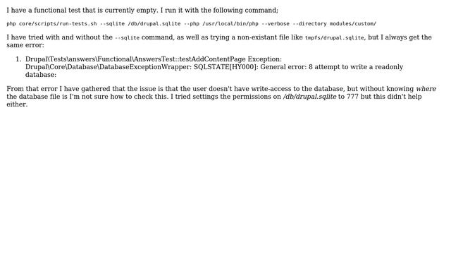 Drupal: "attempt to write a readonly database" with BrowserTestBase Functional tests смотреть онлайн