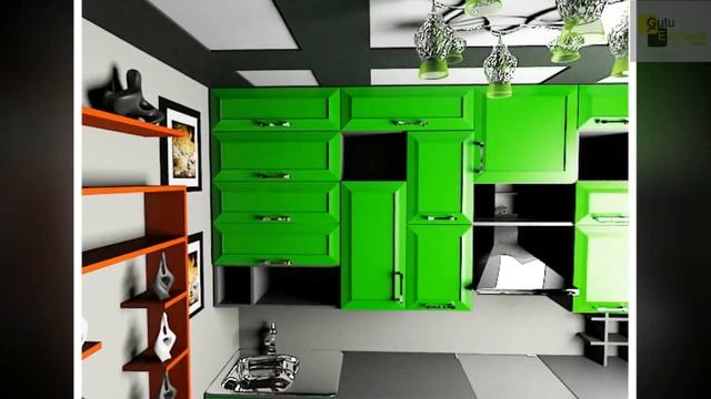 персиковый интерьер с зелеными фасадами кухни, дизайн пространства 3*3 смотреть онлайн