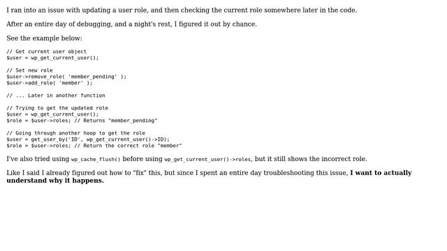 Wordpress: Updated user role inncorrect when using wp_get_current_user() смотреть онлайн