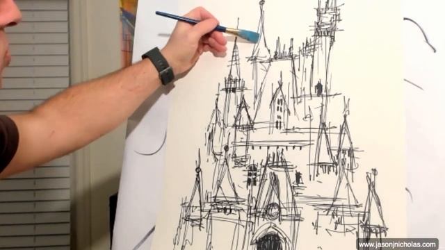 Cinderella's Castle - Ink & Watercolor Wash Sketch смотреть онлайн