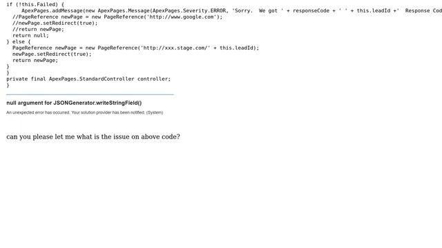 Salesforce: null argument for JSONGenerator.writeStringField() смотреть онлайн