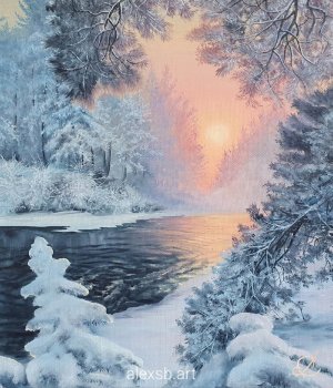 Как нарисовать зимний пейзаж, зимний лес маслом на холсте