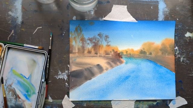 СОЛНЕЧНЫЙ ПЕЙЗАЖ АКВАРЕЛЬЮ // Как писать воду? // Урок по акварели смотреть онлайн