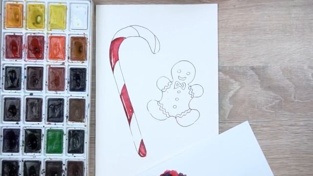 Как нарисовать леденец и имбирный пряник. Урок рисования акварелью. Открытка на Новый Год. смотреть онлайн