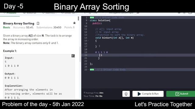 Binary Array Sorting | Problem of the Day | 5th Jan 22 | Coding | Let's practice together смотреть онлайн