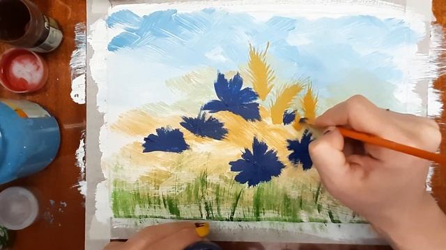 Как нарисовать васильки гуашью. Как нарисовать полевые цветы. Правополушарное рисование. Пейзаж. смотреть онлайн