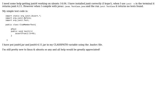 Ubuntu: Junit4 giving "no tests found" when running junit on simple test cases смотреть онлайн