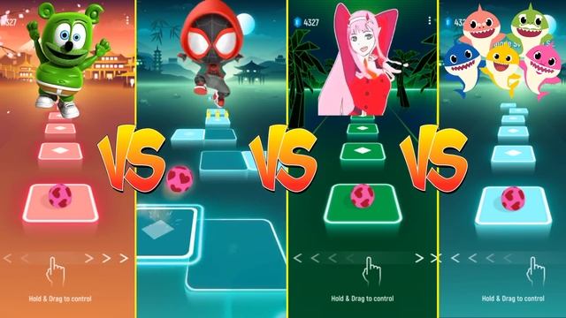 Gummy Bear VS Spiderman VS 2 Phut Hon VS Baby Shark - Tiles Hop EDM Rush смотреть онлайн