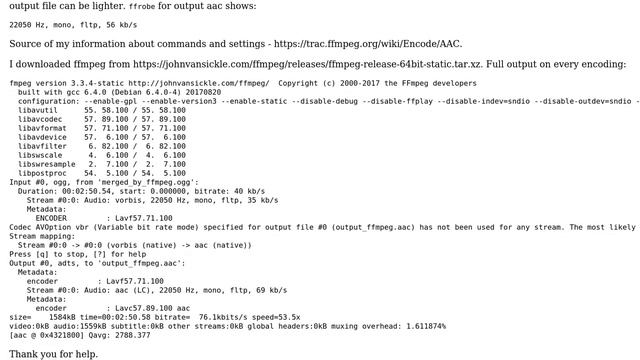 FFmpeg: spoken audio from ogg vorbis to aac VBR: modes 1-5 have zero effect смотреть онлайн