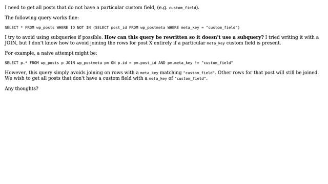Wordpress: Get all posts that do not have a specific custom field without using a subquery смотреть онлайн
