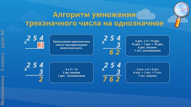 Математика 3 класс (Урок№64 - Приём письменного умножения на однозначное число.) смотреть онлайн