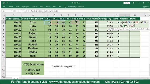 MS Excel - Student Mark Sheet Calculation Sum, Average, Rank, Grade, Pass Fail, Status смотреть онлайн