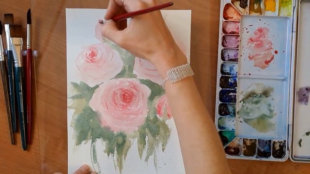 Цветы розы акварелью просто. Акварель для начинающих. Roses in watercolour. смотреть онлайн