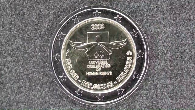 2 евро 2008 года Бельгия. 60-я годовщина Всеобщей Декларации Прав Человека.