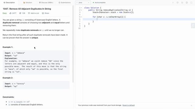 Leetcode 1047 - Remove All Adjacent Duplicates In String (JAVA Solution Explained!) смотреть онлайн