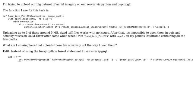 GIS: OOM uploading a large amount of .tif - aerial imagery ot PostGIS with python смотреть онлайн