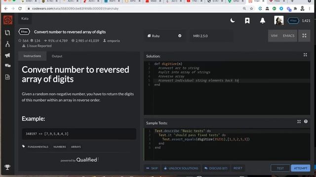 Convert number to reversed array of digits | codewars 8kyu | Ruby смотреть онлайн