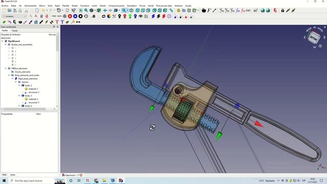FreeCAD + MBDyn pipe wrench exploded assembly. смотреть онлайн