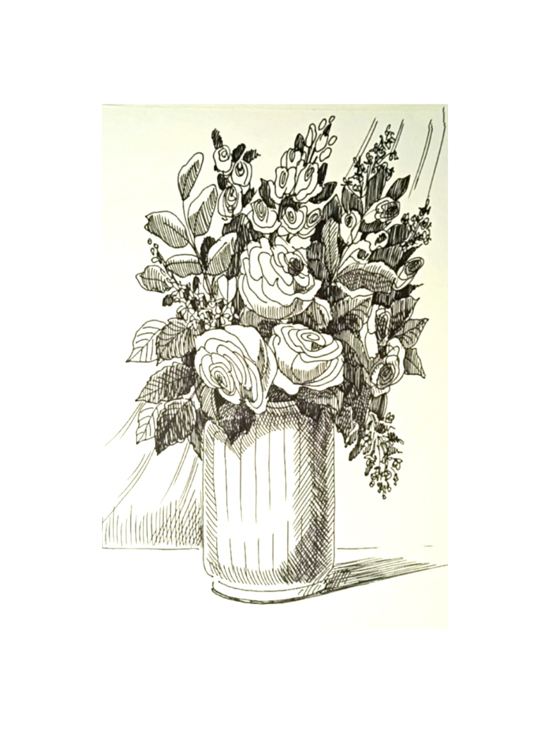 Розовый букет в вазе - рисунок линером. смотреть онлайн