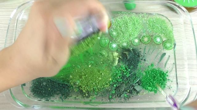 KIWI SLIME Mixing Makeup And Glitter Into Clear Slime Satisfying Slime Videos