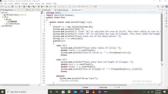Java Example switch statement in java-area of circle and triangle. смотреть онлайн