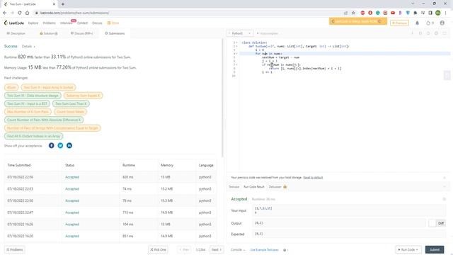 Leetcode1 - Two Sum 兩數之和 - python3 - time complexity O(n^2) and O(1) 中英 смотреть онлайн