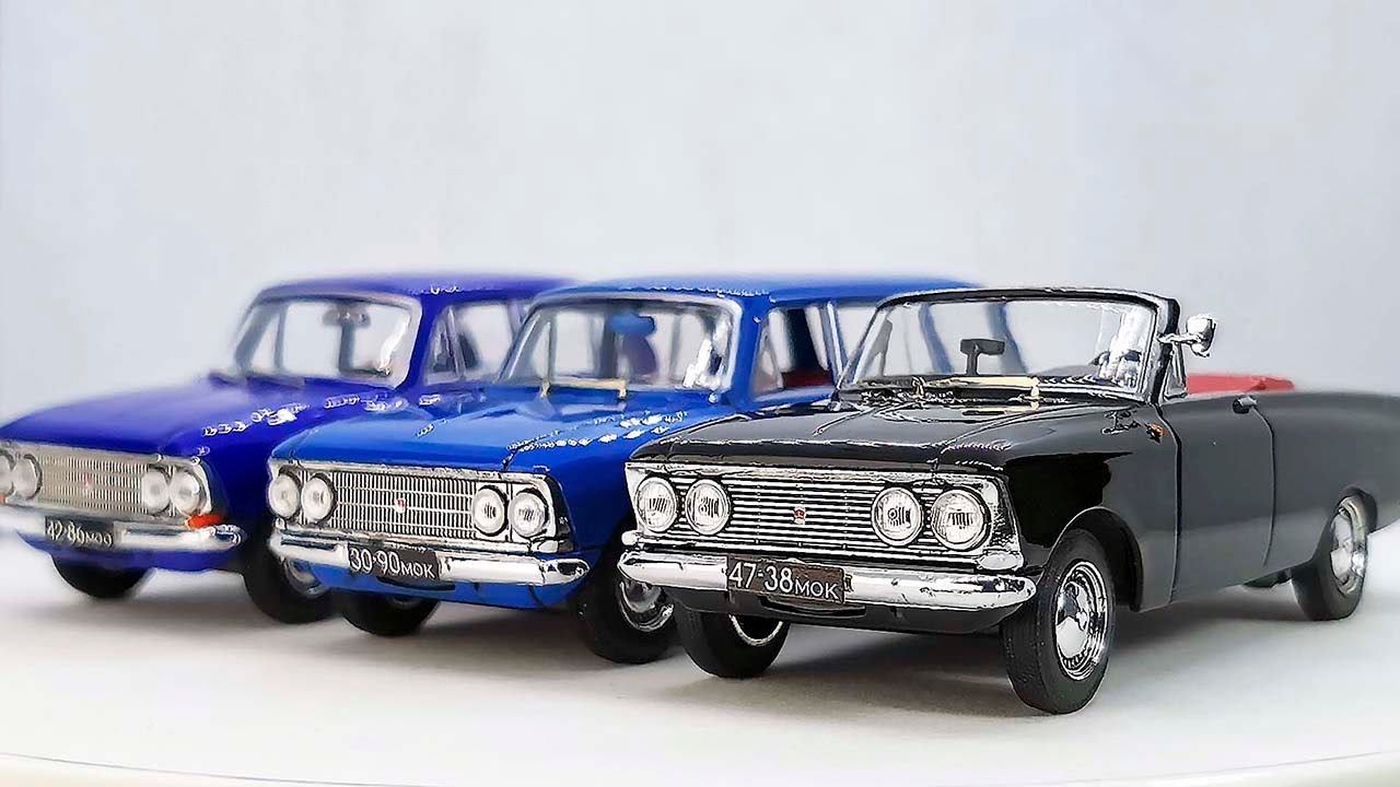 Модели 4-х фарных Москвичей в масштабе 1:43, от DeAGOSTINI и VVM.