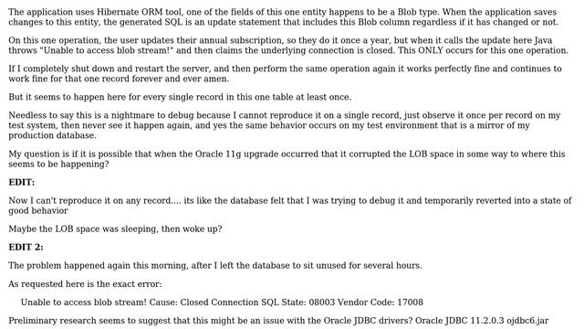 Java application unable to access Blob stream in Oracle after upgrade to 11g смотреть онлайн
