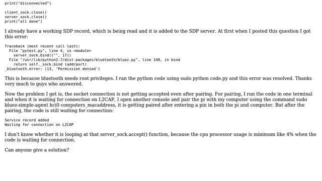 For bluetooth connection using PyBluez, socket is not getting bound to port with... смотреть онлайн