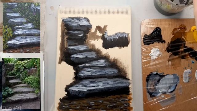 Рисуем каменные ступеньки в лесу акрилом (гуашью) смотреть онлайн