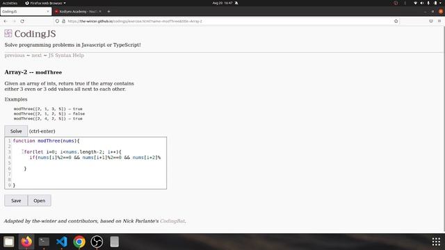 Codingjs (Codingbat) Array-2 --modThree Javascript solution смотреть онлайн